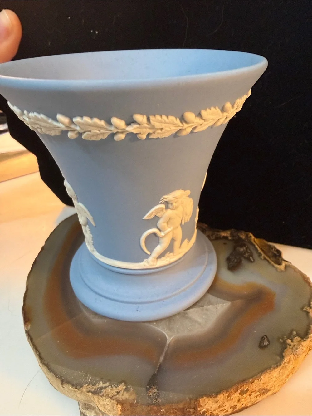 Wedgwood Blue Jasperware Urn vase with Cherub Reliefs Guc 3.25” x 2.5”